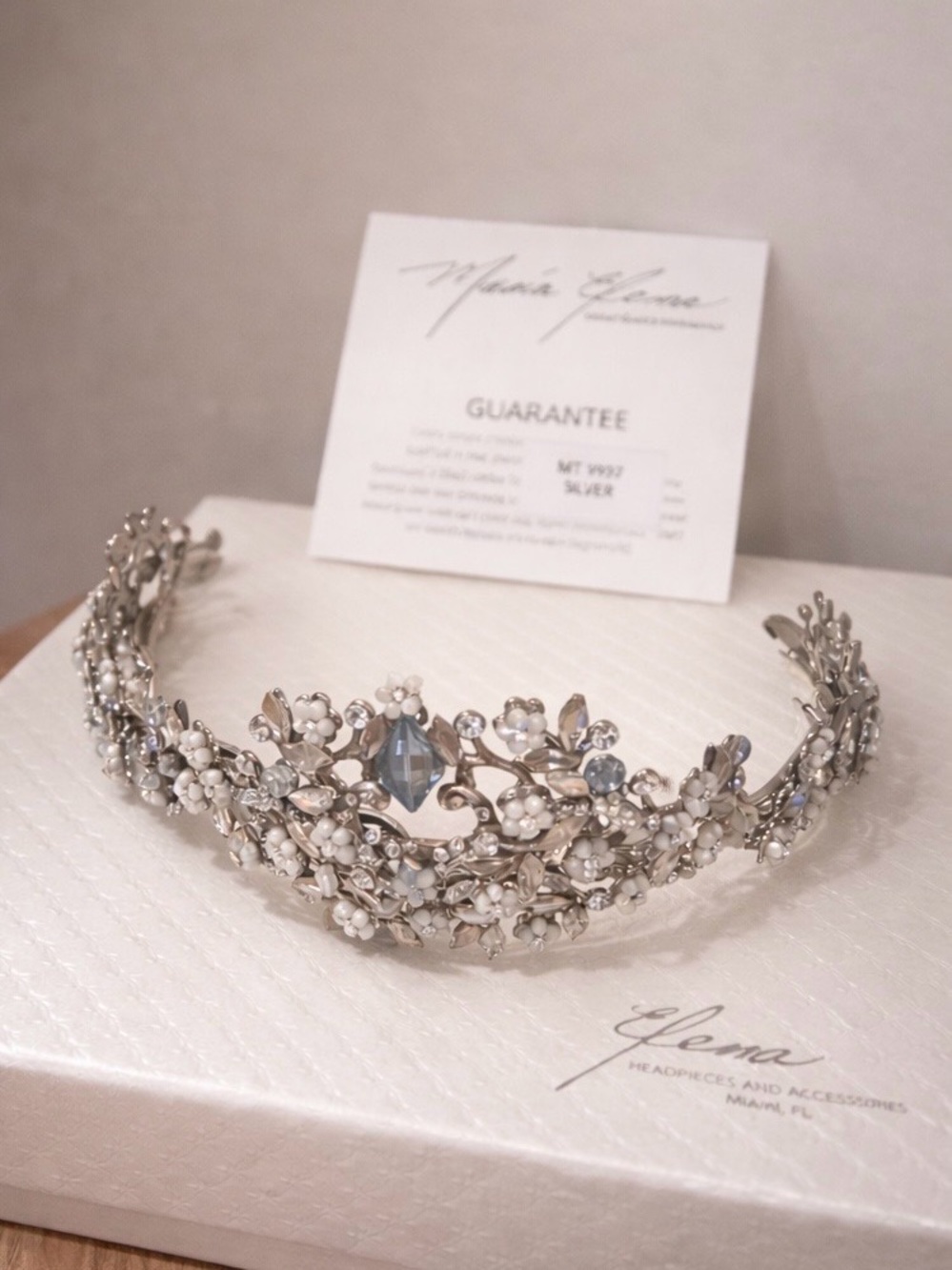 Maria Elena Silver Floral Pearl and Crystal Headband with Blue Accent